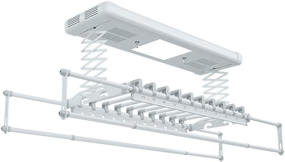 Étendoir à linge électrique monté au plafond avec lumière LED et ventilateur, perche télescopique automatique pour utilisation intérieure et balcon