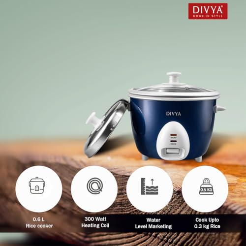 Image of DIVYA 0.6 L Drum Electric Rice Cooker for Home | 300 W | Double Pot Anodised Aluminium | Glass & Stainless Steel Lid | Cook & Keep Warm Function | Compact Rice Cooker | Blue