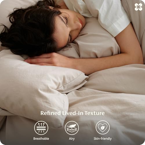 Image of Bedsure 100% Washed Cotton Duvet Cover Queen Size - Linen Color Minimalist Bedding Set Linen Like - PureWoven Plain Simple & Soft Comforter Cover for All Seasons (Queen, 90 inchx90 inch)