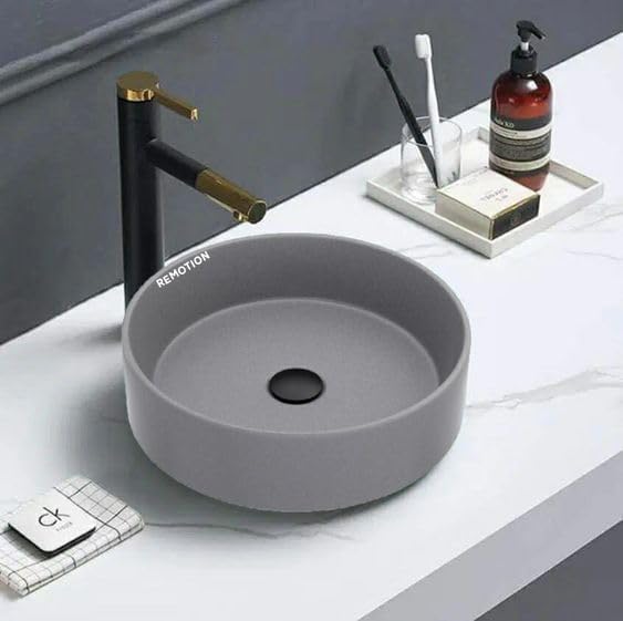 Image of REMOTION Round Countertop Wash Basin For Bathroom | Tabletop Ceramic Bathroom Sink | Wash Basin Over Counter | Wash Basin For Living Room, Resturent (12.5 x 12.5 x 5 Inch) (Matte Grey)