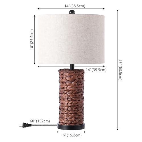 Image of JONATHAN Y 25 inch Dark Brown Coastal Water Hyacinth Table Lamp Set of 2, Bedside Lamp with Light Grey Linen Shade, Boho Farmhouse Decor for Living Room Nightstand, LED Bulbs (JYL6502B-SET2)