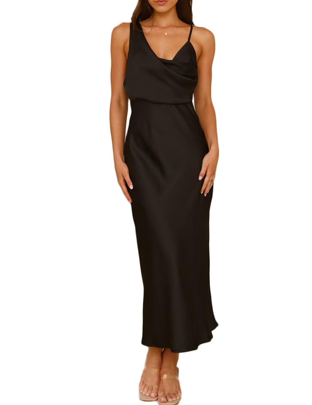 Summer Satin Cowl Neck Midi Dress for Women 2026 Elegant Formal Silk Spaghetti Strap Backless Wedding Guest Dresses