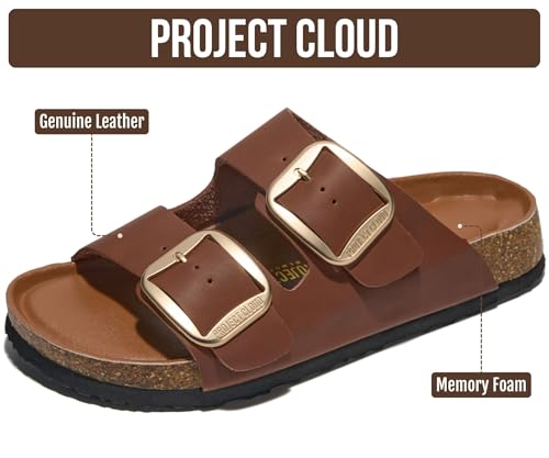 Image of Project Cloud 100% Genuine Leather Footbed Sandals for Women 2026 Comfortable Beach Essentials Womens Sandals Memory Foam Vacation Essentials Slides for Women Footwear (Santorini)