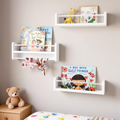 Uandhome Nursery Book Shelves for Wall,3 Pcs Natural Wood Bookshelf Wall Decor, Small Floating Shelf Organizer for Kids Room,Bedroom,Kitchen Spice Rack (White)