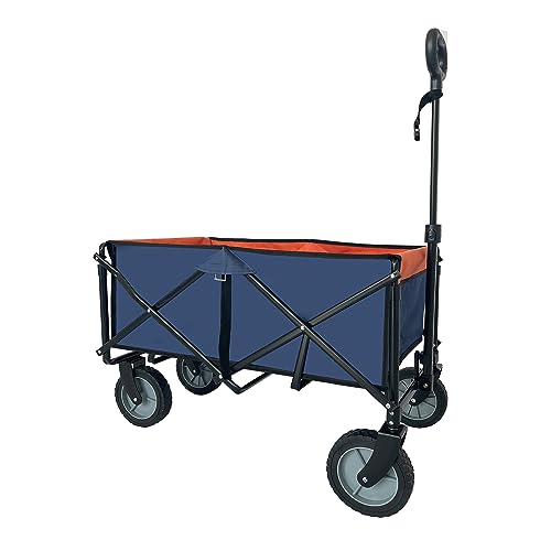 LKJYBG Outdoor Garten Park Wagon mit verstellbaren Griffen und Getränkehalter, faltbarer tragbarer Strandwagen mit 360 Grad drehbaren Rädern für Camping (100 kg maximale Tragkraft), Blau wie