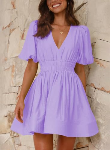 Image of Outfeel Women 2025 Summer Mini Dress Puff Short Sleeve Sexy V Neck A Line Elastic High Waist Flowy Swing Dresses