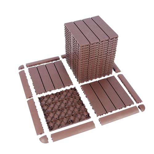 GOOFCXO 44 PCS Interlocking Deck Tiles, 12\"x12\" Plastic Outdoor Patio Flooring Boards 44 Sq.Ft. All Weather Use Patio Floor Decking Tiles Non-Slip for Pool Porch Balcony Backyard (Brown)