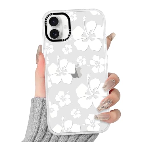 RUMDEY Clear Hibiscus Flower Case for iPhone 17 6.3", Cute Preppy Floral Crystal Pattern Aesthetic Design Soft Slim Anti-Yellow Protective Shockproof TPU Phone Cover for Women Girls - White