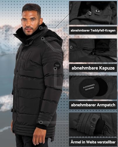 ALESSANDRO SALVARINI Herren Winterjacke (S-3XL) - Wasserabweisend, Abnehmbare Kapuze & Fellkragen, Teddyfell innen, Warme Jacke Männer - AS-285 Schwarz XX-Large