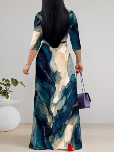 Image of PinkPatty Plus Size Maxi Dress for Women Casual V Neck 3 /4 Sleeve Boho Printed Long Dress with Pockets