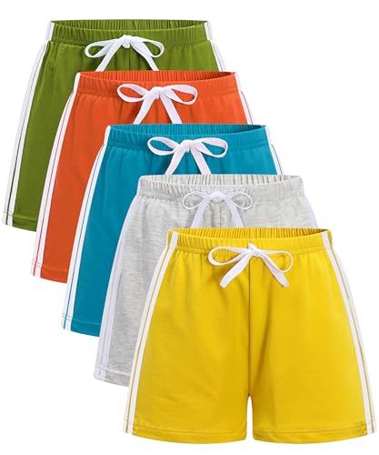 GFQLONG Toddler Boys Girls 5 Pack Cotton Running Athletic Shorts,Kids Summer Casual Fashion Soccer Shorts, Orange+Green+Grey+Blue+Yellow, 4-5T