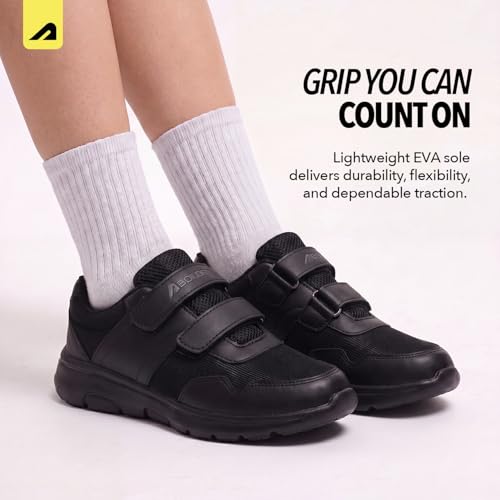 Image of Boldfit School Shoes Black for Boys & Girls Lightweight EVA Sole Breathable Mesh & PVC Upper Anti-Skid Velcro & Lace Closure Uniform Footwear for Kids Comfortable School Shoes
