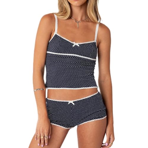 Image of Yuemengxuan Women Y2k Polka Dot Pajamas Sets 2 Piece Sexy Summer Outfits Set Sleeveless Strappy Cami Top Crop Top Shorts Set