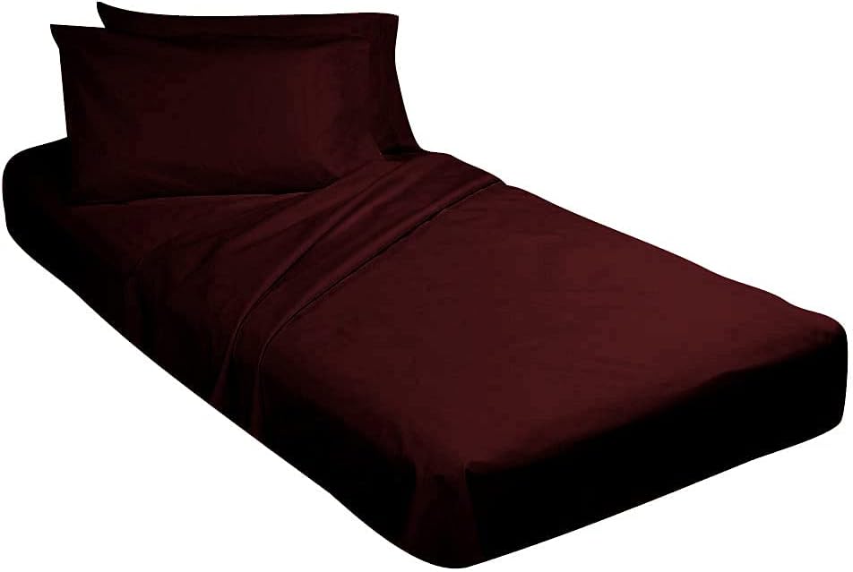 100% Egyptian Cotton, 4 Piece Toddler Bed Set-Fitted Bottom Sheet, Flat Top Sheet, Standard Size Pillowcase, Wine-10 Inch Pocket Length