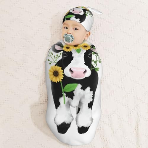 Image of Ornate Cow in Sunflowers Newborn Swaddle Blanket with Beanie Set Soft Baby Sleep Sack Stretch Adjustable Swaddle Wraps Receiving Blankets