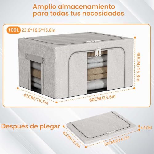 Miniatura 3 de Boic 3 Piezas 100l Cajas Almacenaje Ropa Rígido Y Plegable, Organizador Armario Con Marco De Metal, Cajas Organizadoras Apilable Para Guardar Ropa, Edredones, Colchas, Gris