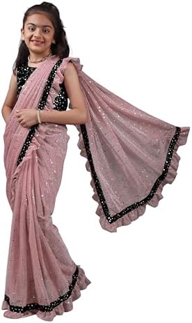 Kids Girls Lycra Blend Saree With Unstitched Sequence Blouse Piece (3-4 yrs to 11-12 yrs) (Baby Pink, 11-12 Years - XL)