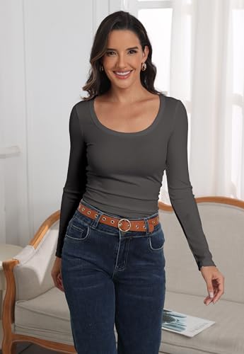 Image of Roselux Womens Long Sleeve Scoop Neck Ribbed Knit Fitted Casual Tops Tee Slim Basic Shirts