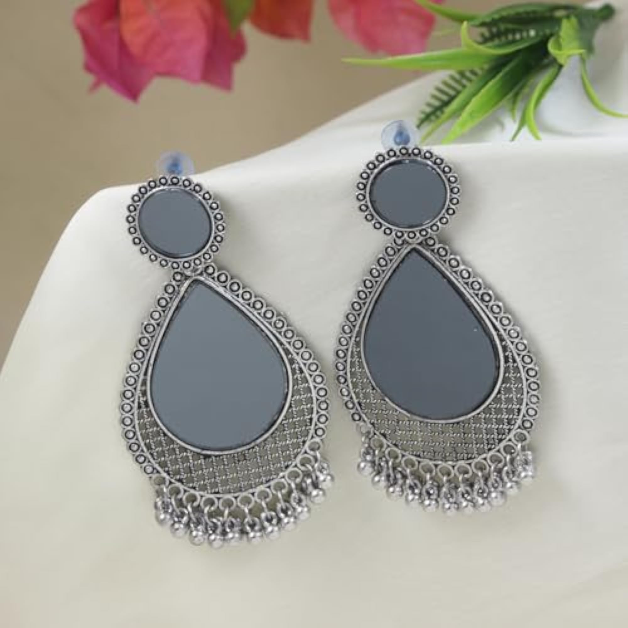Ethnic Silver Oxidised Teardrop Dangle Earrings, Gift for Her