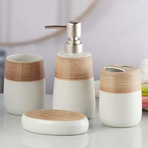 Image of SaSaSa Ceramic Bathroom Accessories Set of 4 Modern Bath Set with Soap Dispenser & Toothbrush Holder, Luxury Home & Gift Idea, Beige /Brown (10261)