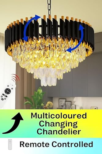 Image of RD.Enterprises || Modern Crystal 5-Tier Gold Chandeliers | Moving Round |Bluetooth Remote Control and Speaker,Multi Colour Changing |Ceiling Light Fixture for Living Room (Black Gold Remote, 600MM)