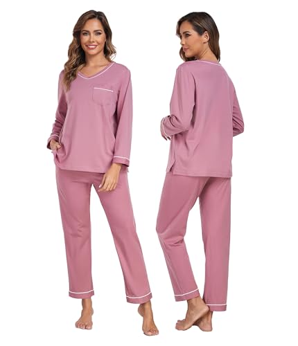 COLORFULLEAF Women's 100% Cotton Pajama Set with V-Neck, Long Sleeves & Long Pants, 2-Piece Sleepwear with Pocket S-XXL2