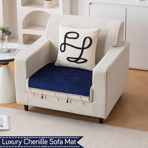 Image of HOKIPO 'Serenity Tassel' Chenille 1 Seater Sofa Cover with Tassel - Sapphire Navy (IN-890-NBL)