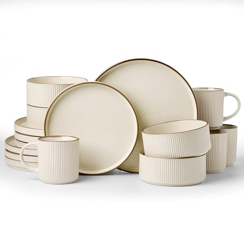 Image of Famiware Star 16-Piece Stoneware Dinnerware Set with Trim, Service for 4 -Ceramic Mugs, Plates and Bowls, Modern Rustic Dishes with High Edge, Chip /Scratch Resistant, Microwave /Dishwasher Safe, Cream