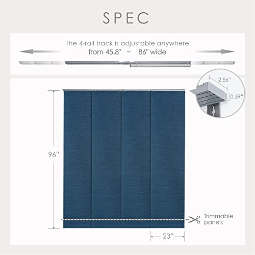 Godear Design Adjustable Vertical Blinds For Sliding Glass Doors 45.8"- 86" W X 96" H, Extendable Sliding Panel Track Blinds For Windows, Blue Shimmering Trimmable Fabric Panels, Semi-Sheer, Sapphire #TOP3
