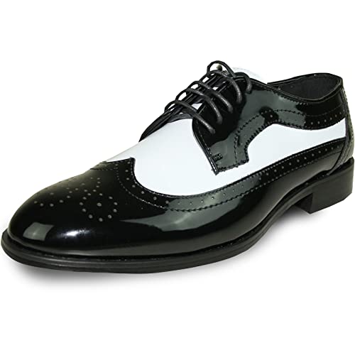 VANGELO Men Dress Shoe TAB-3 and JY03 Wing Tip Oxford Formal Tuxedo for Prom and Wedding Black and White Patent Two Tone - Wide Width Available
