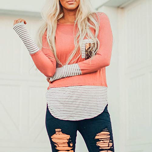 Women Long Sleeve Blouse Sequins Front Pocket T Shirts Lightweight Striped Pullover Casual Tunic Tops Pink