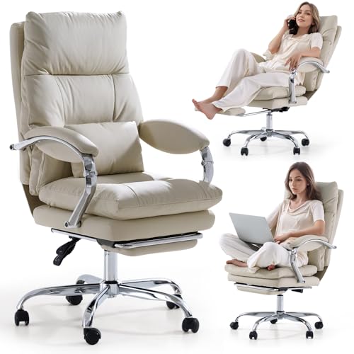 EMIAH Bürostuhl mit Fußstütze, Bequemer Schreibtischstuhl mit Gekreuzten Beinen und Armlehnen, Ergonomischer Chefsessel aus PU Leder mit Rollen, Computer Gaming Stuhl mit Verdicktem Kissen, Beige