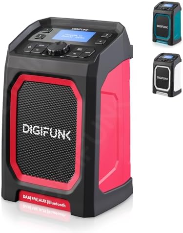 DigiFunk Work Site Radio | USB Rechargeable | DAB+, DAB, FM, Bluetooth, AUX Input | IP65 Waterproof Rugged Durable Design | Perfect for Builders, Outdoors, Warehouse, Garage, DIYer, Shed | Red