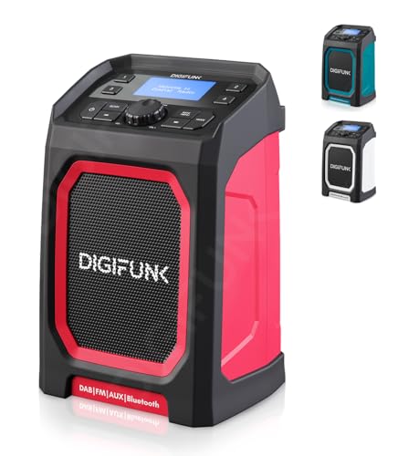 DigiFunk Work Site Radio | USB Rechargeable | DAB+ DAB FM Bluetooth AUX Input | IP65 Waterproof Rugged Durable Design | Perfect for Builders Outdoors Warehouse Garage DIYer Shed | Red