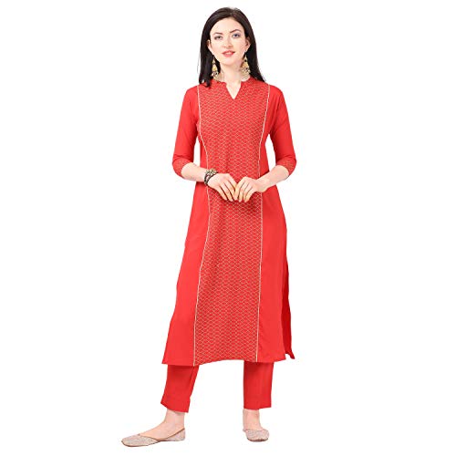 Image of NAINVISH Women Red Crepe Straight Kurti with Pant Set (SD032)