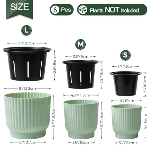 T4U Zelf bewaterende potten van 10 cm, 6 stuks, plastic plantenpotten met houder, vensterbank bloemenpotten voor alle binnen- en buitenplanten, Afrikaanse viooltjes (groen) - Afbeelding 4