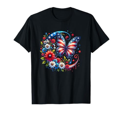 Watercolor American Patriotic Flag Butterfly Design T-Shirt