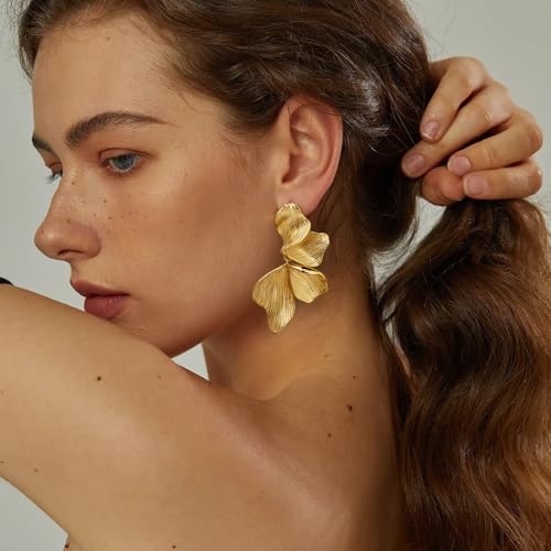 Gold Statement Earrings For Women 18K Gold Plated Sectored Flower Leaf Shell Angel Wing Earrings Large Stud Earrings Hypoallergenic Stud4
