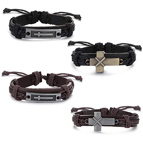 Sailimue LM-XRT-B2-F4PCS 4 Pcs Cross Leather Bracelet For Men Religious Cross Tag Bangle Leather Wristband Adjustable Drawstring Bracelet Set thumb #1