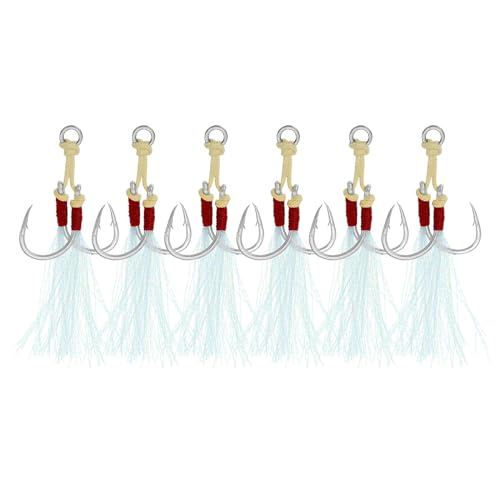 PATIKIL Fishing Assist Hooks Kit, 6 Pack Double Assist Jigging Hook with Glow Tassel for Slow Pitch Jigs Vertical Jigging Lures, Green (1/0#, 2.5"x0.5")