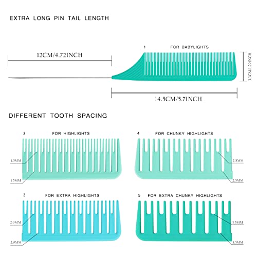 Vellen Hair Ultimate Highlight Comb Set Heat Resistant, Pei Material 430°F Heat Resistant,Professional Highlighting Combs For Hair Dye, Balayage Comb With Extra Long Pintail For Babylight Chunky Highlight - 5 Sizes (Mint) #TOP2
