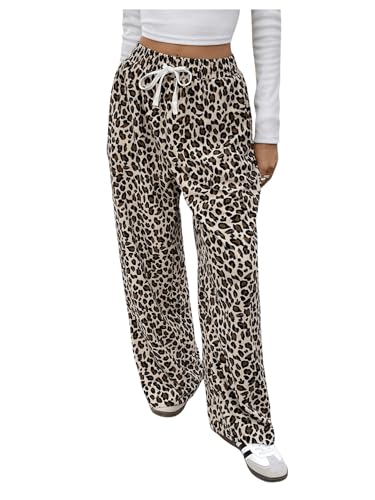 Verdusa Women's Leopard Print Pants Drawstring Straight Leg Pants Bow Loungewear Trousers with Pocket