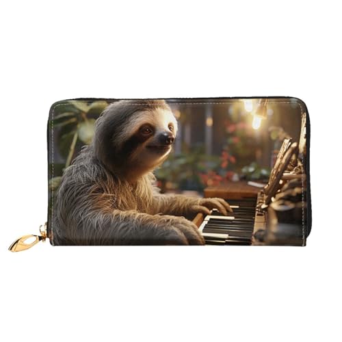 Sloth playing piano Cartoon Leather Wallet for Women Long Coin Purse Ultra Slim Credit Cards Holder Bifold Clutch