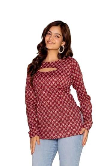 Women's Maroon Floral Print Top Full Sleeve Keyhole Neck Casual Tunic Regular Fit Stylish for Women-picture-20