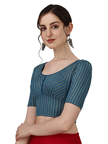 SFT Women's Coton Lycra Blend Readymade Saree Blouse with Round Neck Half Sleeves Regular Fit Knit Weave Striped Pattern and Short Length