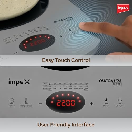 Image of Impex 2200 Watt Induction Cooktop With Full Touch Control | 4 hours Timer Function | Crystalline glass top | Overheat Protection & Auto Turn-Off | 2 Year Warranty | OMEGA H2A SL220