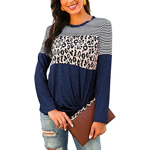 ASHER FASHION Women's Leopard Print Long Sleeve O-Neck Fit Casual Tunic Shirts Blouse Tops, Blue, XL Cover