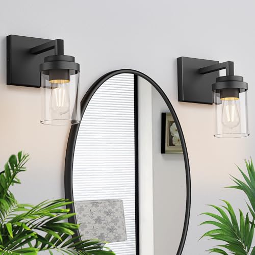 Image of Matte Black Wall Lights, Set of 2 Wall Sconce with Clear Glass Shade, Farmhouse Sconce Lights, Wall Mount Lamp for Bedroom Mirror Living Room