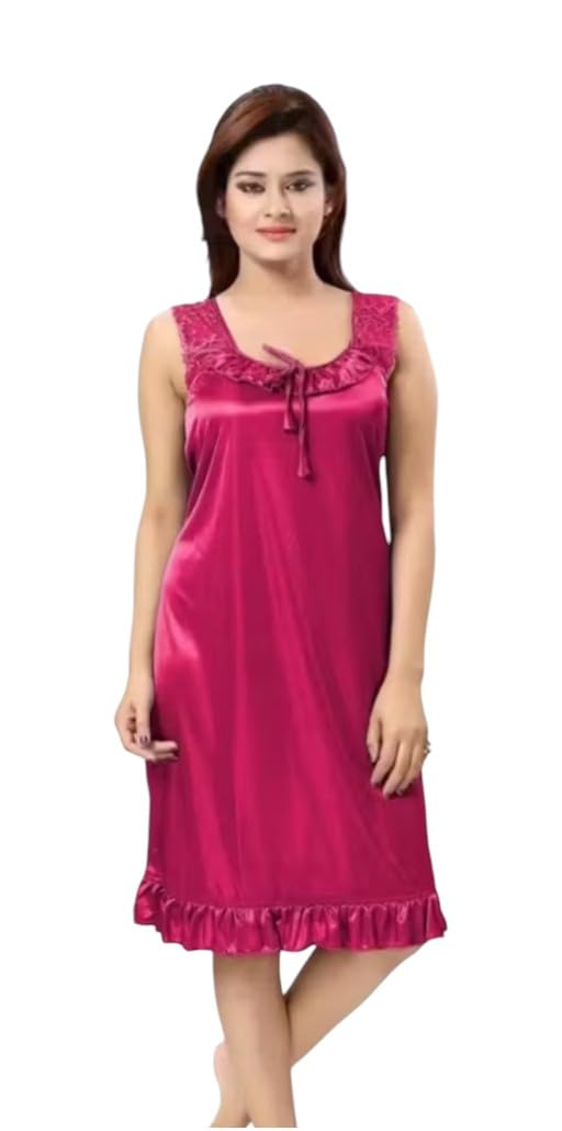 Women's Satin Nighty, Sleeveless, Lace Detail, Knee Length Night Dress-image-37