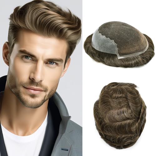 Hair Wonders Toupee for Men Hair System Real Human Hair Swiss Lace Hairpieces for Men Toupee Breathable Mens Hair Prosthesis Natural Hairline #610 6# LIGHT BROWN+10% Grey-90% density7x9